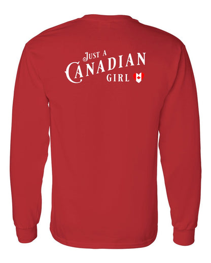 Just A Canadian Girl (Heart Flag Full) Left Chest and Back Long Sleeve - Gildan Canada (sewn Internationally)