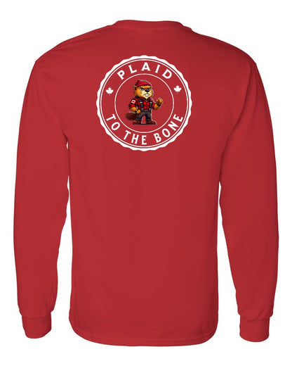 Plaid to the Bone Beaver Left Chest and Back Long Sleeve - Gildan Canada (sewn Internationally)
