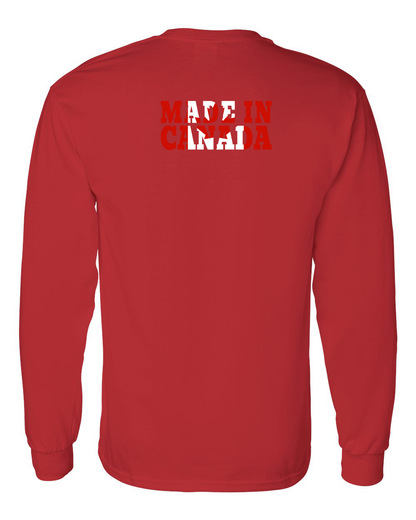 Made In Canada Flag Background Left Chest And Back Long Sleeve Tee - Gildan Canada (sewn Internationally )