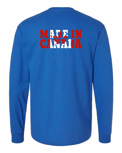 Made in Canada Flag Background Left Chest and Back Long Sleeve - Gildan Canada (sewn Internationally)
