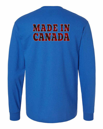 Made in Canada Plaid Background Left Chest and Back Long Sleeve - Gildan Canada (sewn Internationally)