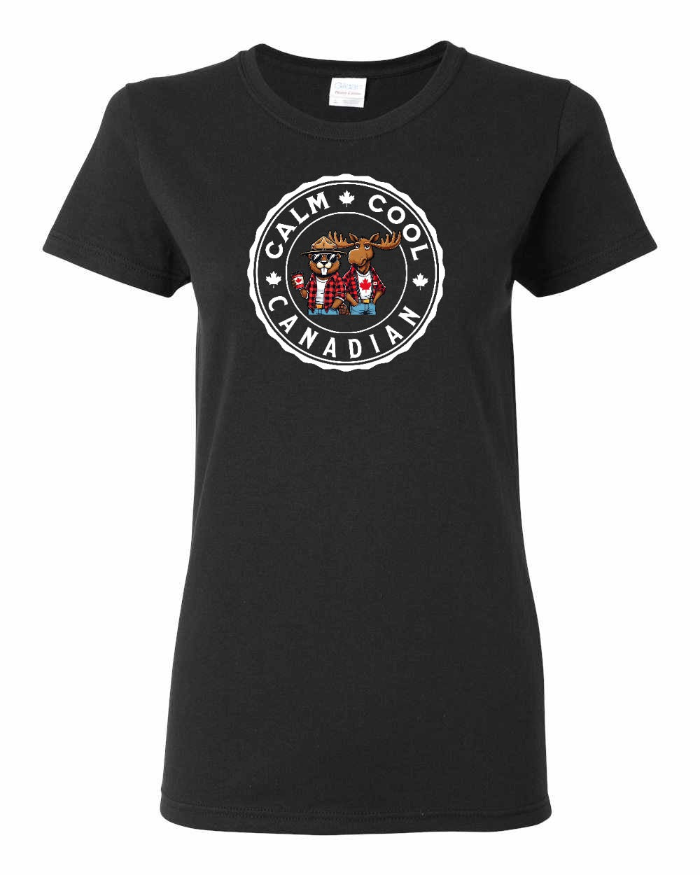 Calm Cool Canadian Beaver and Moose Full Front Women's Tee - Gildan Canada (sewn Internationally)