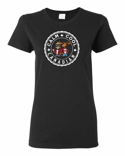Calm Cool Canadian Beaver and Moose Full Front Women's Tee - Gildan Canada (sewn Internationally)