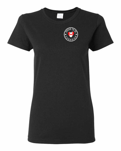 Proud to Be Canadian Heart Left Chest Women's Tee - Gildan Canada (sewn Internationally)