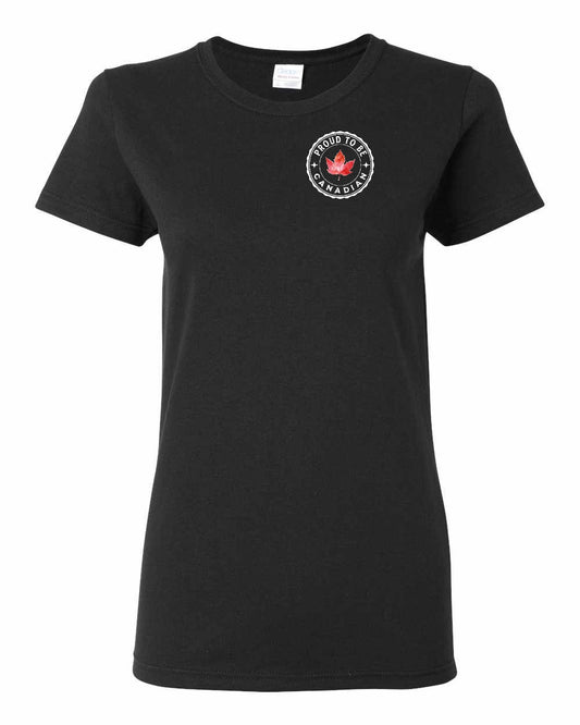 Proud to be Canadian Leaf Left Chest Women's Tee - Gildan Canada (sewn Internationally)