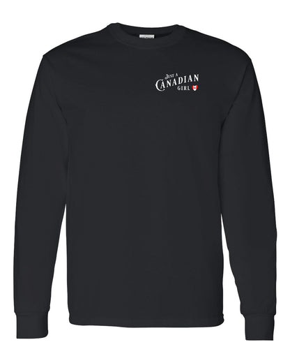 Just A Canadian Girl (Heart Flag Full) Left Chest and Back Long Sleeve - Gildan Canada (sewn Internationally)