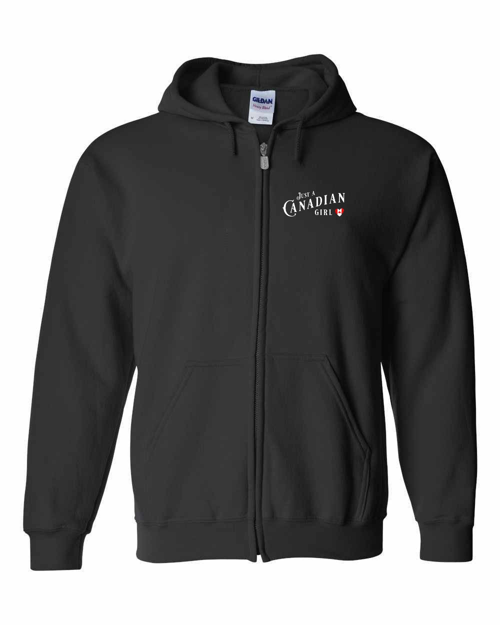 Just A Canadian Girl (Heart Flag Full) Left Chest and back Zip Hoodie - Gildan Canada (sewn Internationally)