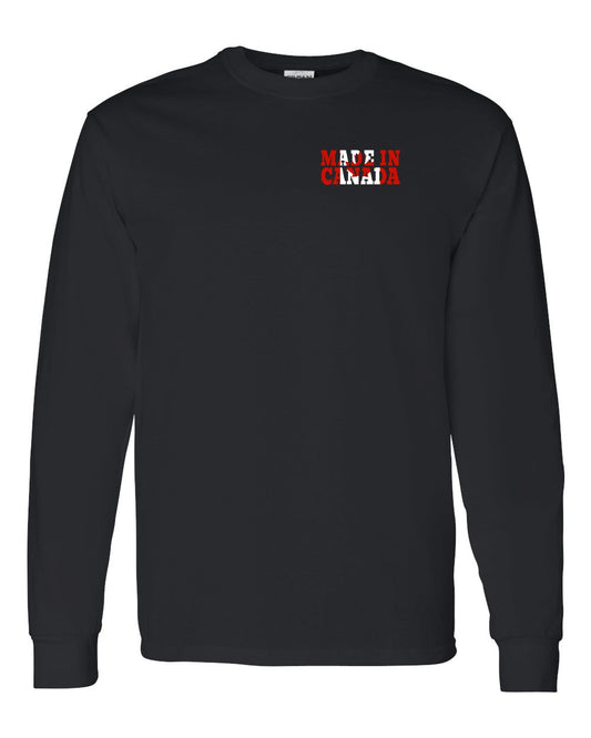 Made in Canada Flag Background Left Chest Long Sleeve - Gildan Canada (sewn Internationally)