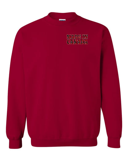 Made in Canada Plaid Background Left Chest Crewneck - Gildan Canada (sewn Internationally)