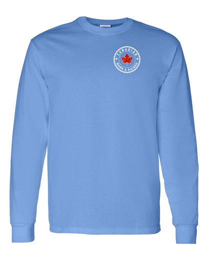 Canadian Born & Rasied Left Chest and Back Long Sleeve - Gildan Canada (sewn Internationally)