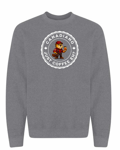 Canadiano just Coffee EH! Male Beaver Full Crewneck - Gildan Canada (sewn Internationally)