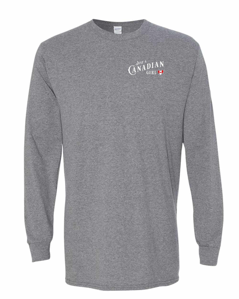 Just A Canadian Girl (Heart Flag Full) Left Chest and Back Long Sleeve - Gildan Canada (sewn Internationally)