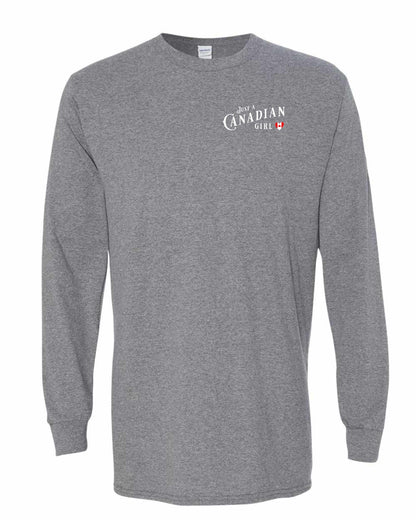 Just A Canadian Girl (Heart Flag Full) Left Chest and Back Long Sleeve - Gildan Canada (sewn Internationally)
