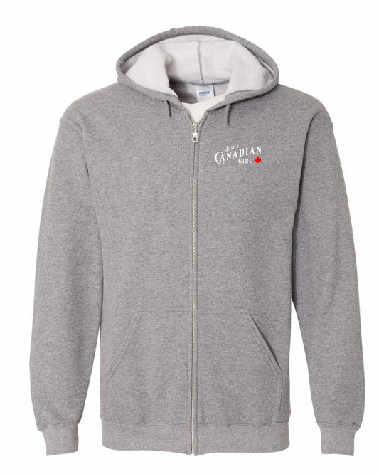 Just a canadian Girl Leaf Left Chest and Back Zip Hoodie - Gildan Canada (sewn Internationally)