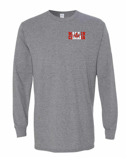Made in Canada Flag Background Left Chest Long Sleeve - Gildan Canada (sewn Internationally)