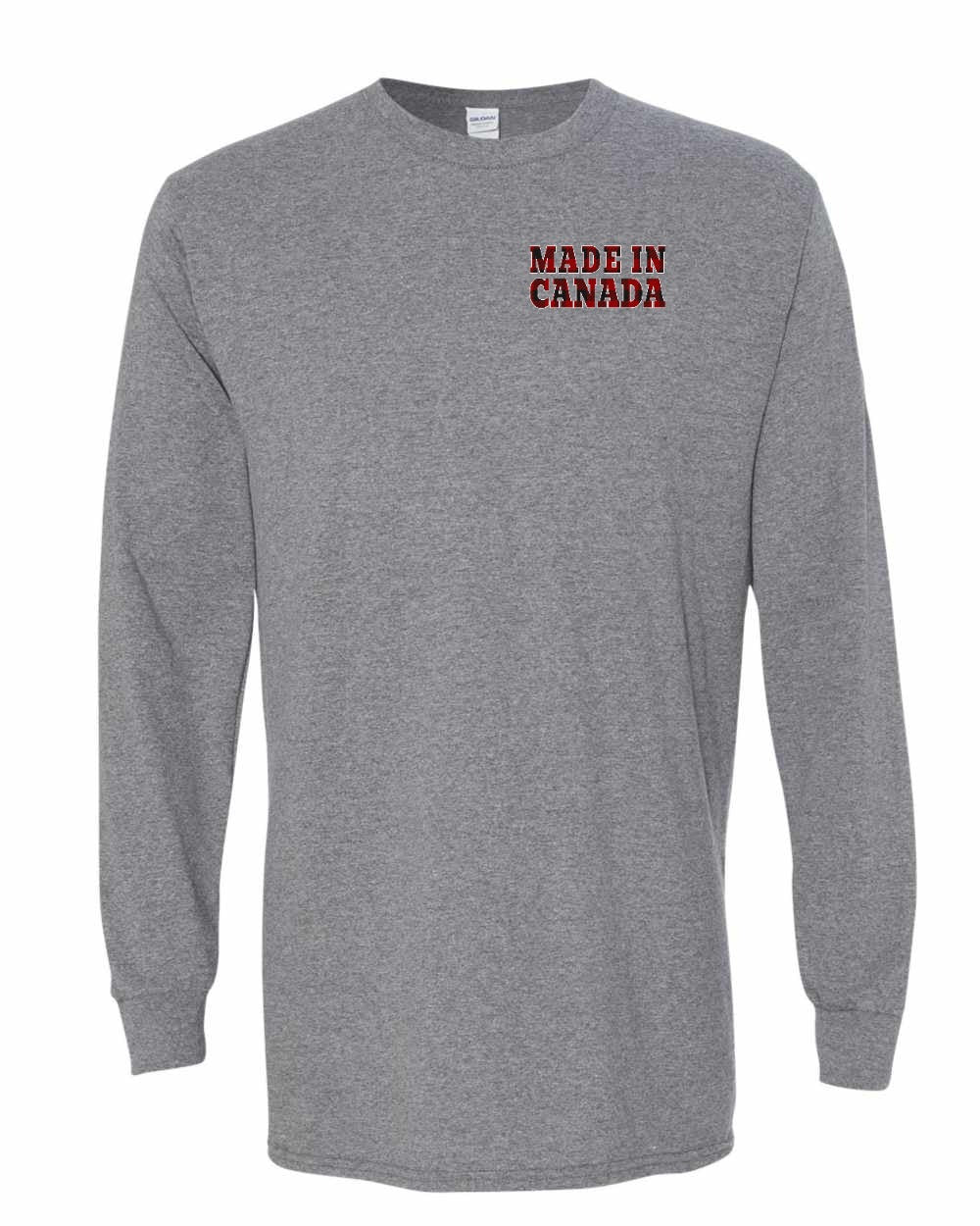 Made in Canada Plaid Background Left Chest and Back Long Sleeve - Unisex