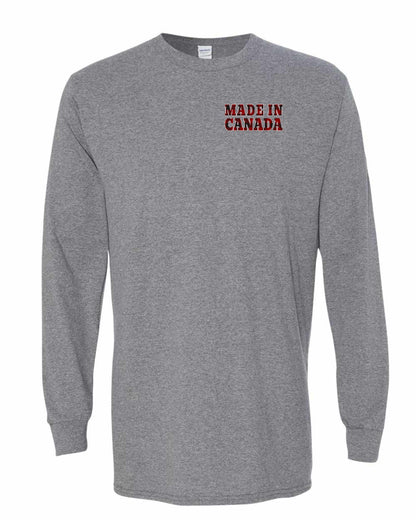 Made in Canada Plaid Background Left Chest and Back Long Sleeve - Gildan Canada (sewn Internationally)