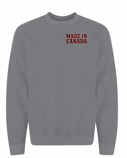 Made in Canada Plaid Background Left Chest Crewneck - Gildan Canada (sewn Internationally)