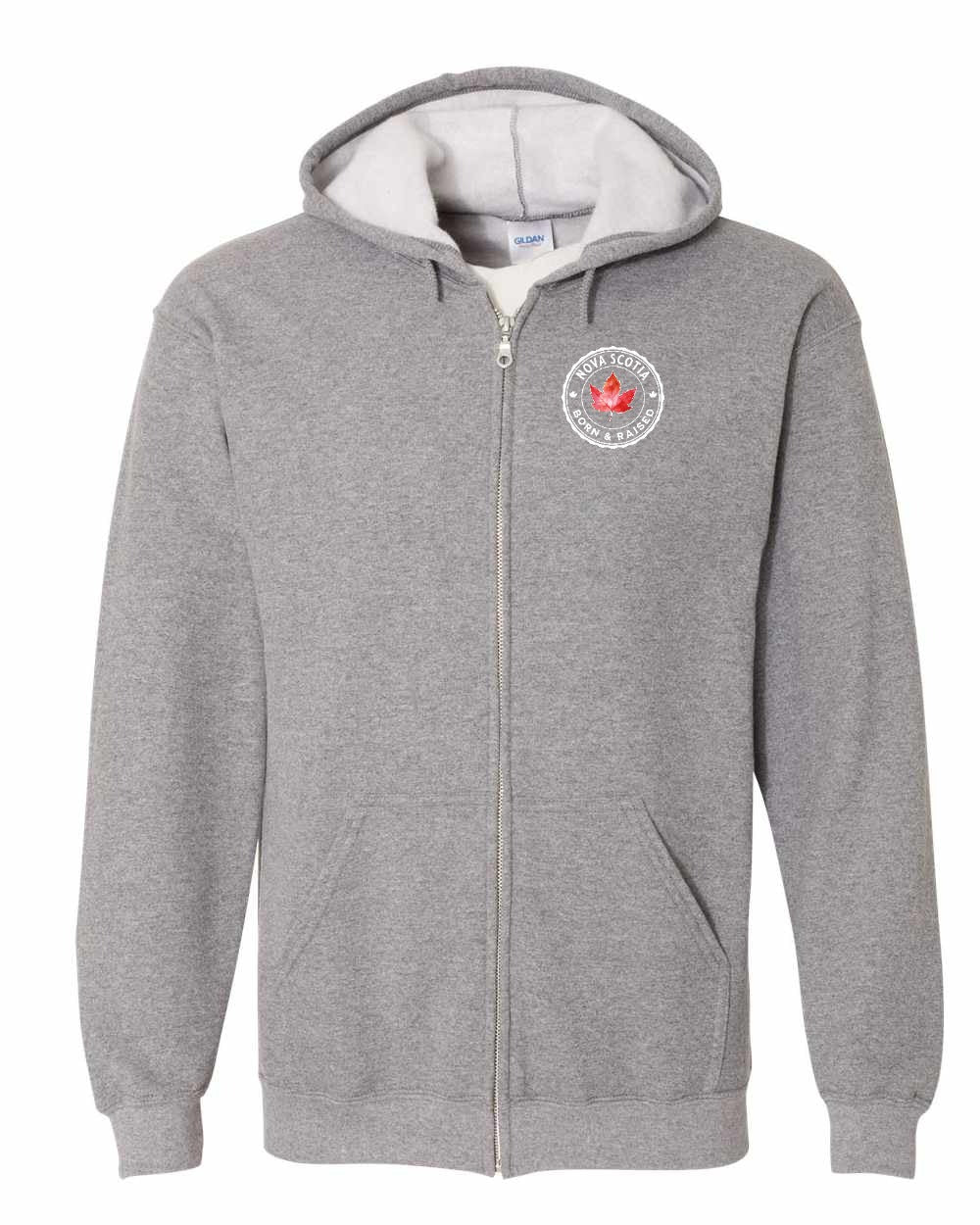 Born and Rasied Nova Scotia Left Chest Zip Hoodie - Gildan Canada (sewn Internationally)