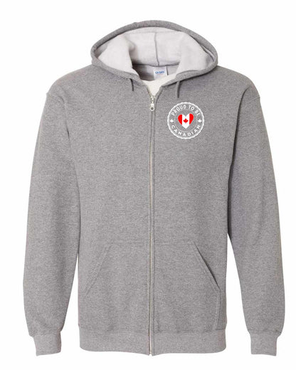 Proud to be Canadian Heart Flag Left Chest and Back Zip Hoodie - Gildan Canada (sewn Internationally)