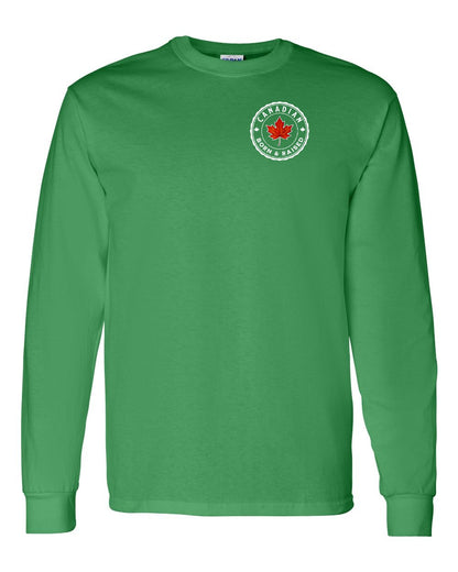 Canadian Born & Rasied Left Chest and Back Long Sleeve - Gildan Canada (sewn Internationally)