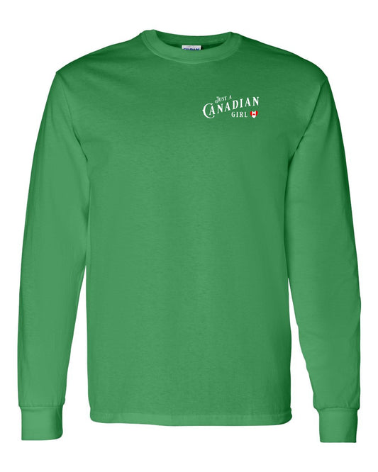 Just A Canadian Girl (Heart Flag Full) Left Chest and Back Long Sleeve - Gildan Canada (sewn Internationally)