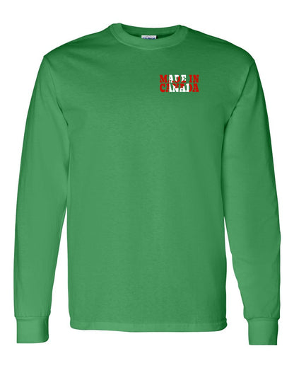 Made in Canada Flag Background Left Chest Long Sleeve - Gildan Canada (sewn Internationally)