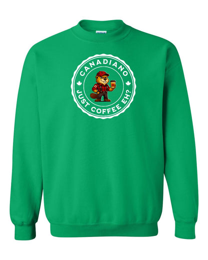 Canadiano just Coffee EH! Male Beaver Full Crewneck - Gildan Canada (sewn Internationally)