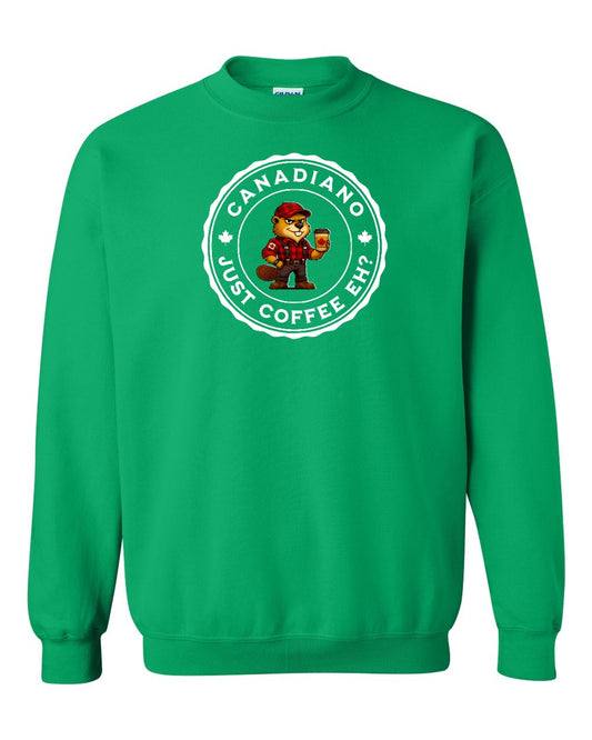 Canadiano just Coffee EH! Male Beaver Full Crewneck - Gildan Canada (sewn Internationally)