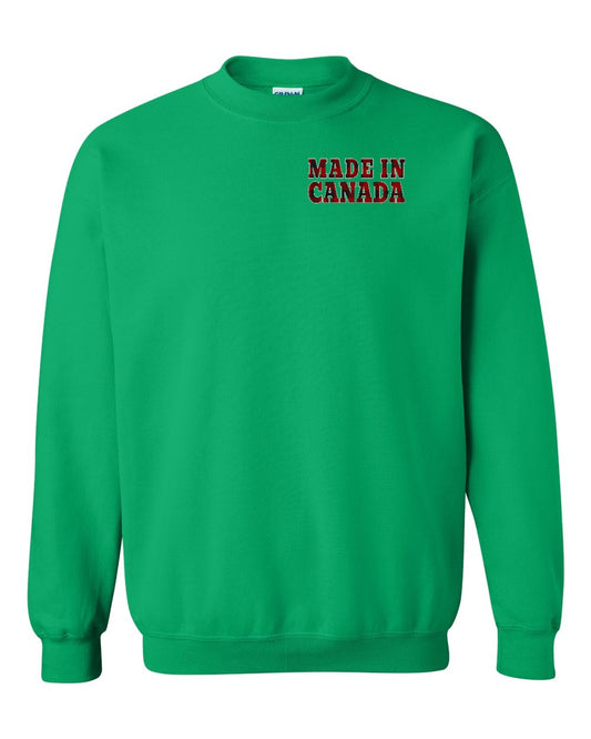 Made in Canada Plaid Background Left Chest and Back Crewneck - Gildan Canada (sewn Internationally)