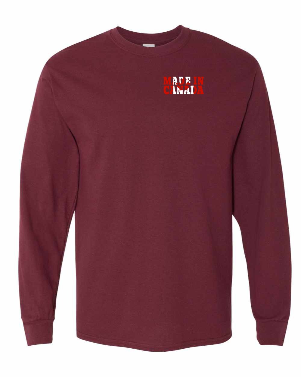 Made in Canada Flag Background Left Chest Long Sleeve - Gildan Canada (sewn Internationally)