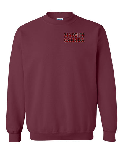 Made in Canada Plaid Background Left Chest Crewneck - Gildan Canada (sewn Internationally)