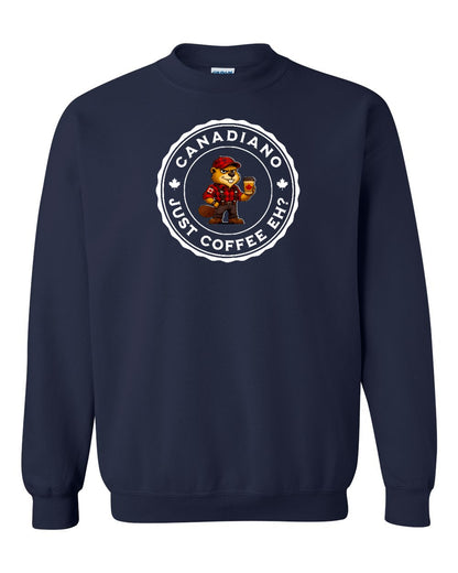 Canadiano just Coffee EH! Male Beaver Full Crewneck - Gildan Canada (sewn Internationally)