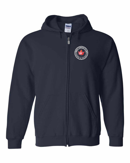 Born and Raised Prince Edward Island Left Chest and Back Zip Hoodie - Gildan Canada (sewn Internationally)