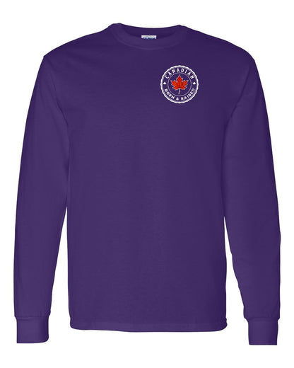 Canadian Born & Rasied Left Chest and Back Long Sleeve - Gildan Canada (sewn Internationally)