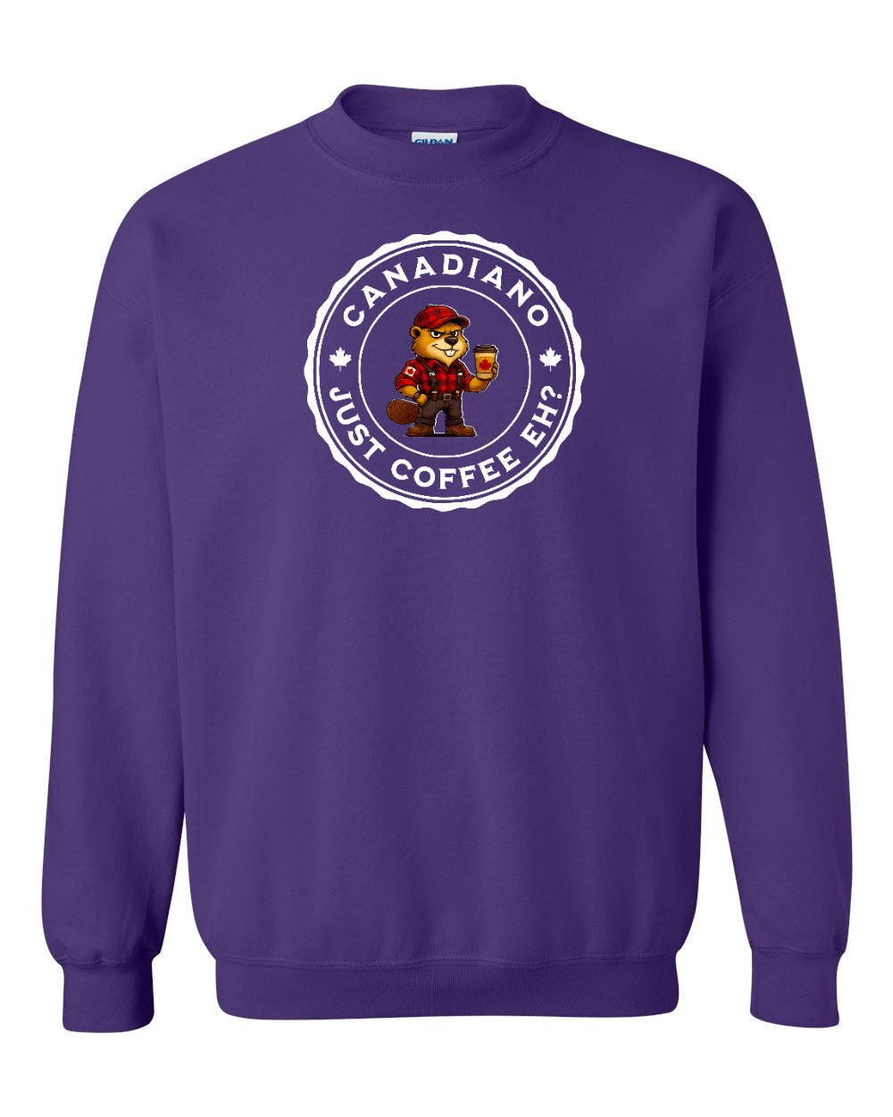 Canadiano just Coffee EH! Male Beaver Full Crewneck - Gildan Canada (sewn Internationally)