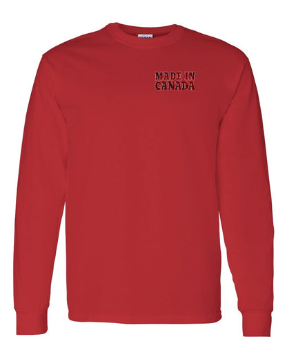 Made in Canada Plaid Background Left Chest and Back Long Sleeve - Gildan Canada (sewn Internationally)