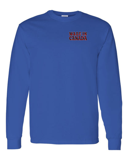 Made in Canada Plaid Background Left Chest and Back Long Sleeve - Gildan Canada (sewn Internationally)