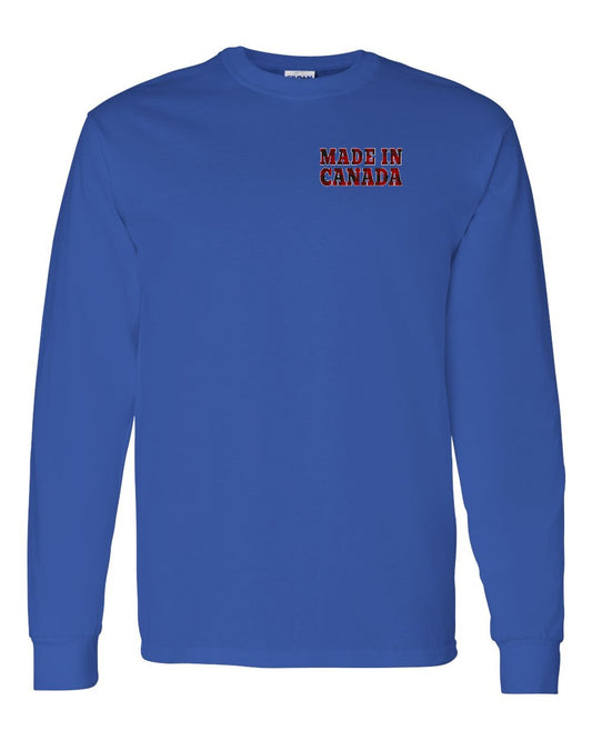 Made in Canada Plaid Background Left Chest and Back Long Sleeve - Gildan Canada (sewn Internationally)