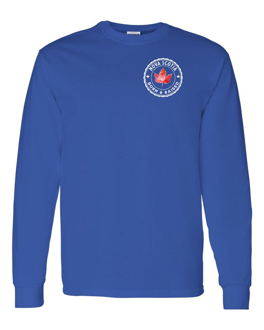 Born and Rasied Nova Scotia Left Chest and Back Long Sleeve - Gildan Canada (sewn Internationally)
