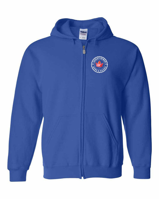 Born and Raised Saskatchewan Left Chest and Back Zip Hoodie - Gildan Canada (sewn Internationally)