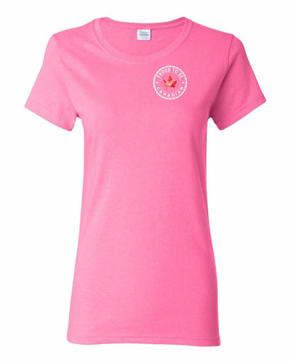 Proud to be Canadian Leaf Left Chest and Back Women's Tee - Gildan Canada (sewn Internationally)