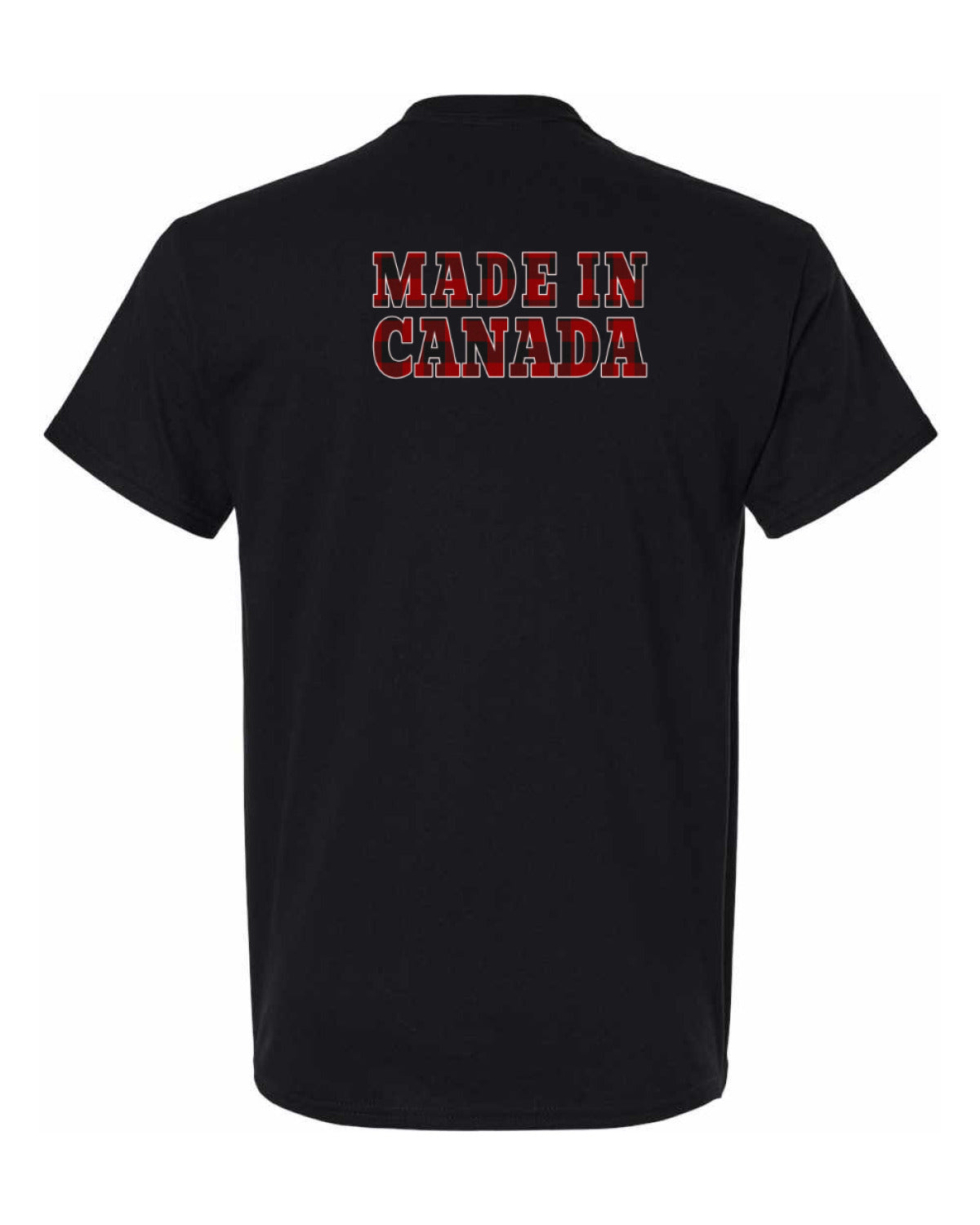 Made in Canada Plaid Background Left Chest and Back Men's Tee