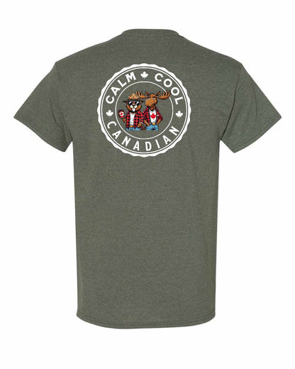 Calm Cool Canadian Beaver and Moose Left Chest & Back Men's Tee - Gildan Canada (sewn Internationally)