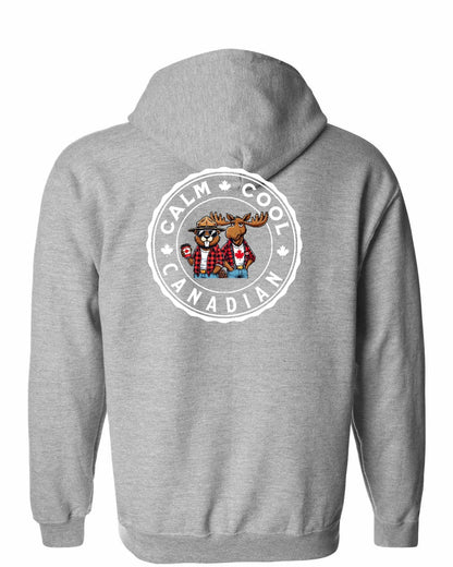 Calm Cool Moose and Beaver Left Chest and Back Zip Hoodie - Gildan Canada (sewn Internationally)