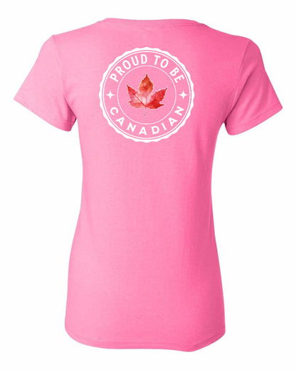 Proud to be Canadian Leaf Left Chest and Back Women's Tee - Gildan Canada (sewn Internationally)