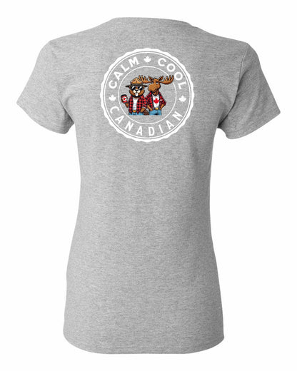 Calm Cool Canadian Beaver and Moose Left Chest and Back Women's Tee - Gildan Canada (sewn Internationally)