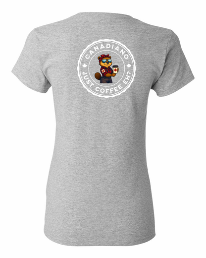Canadiano Just Coffee eh! Rosie Sunglasses Left Chest and Back Women's Tee - Gildan Canada (sewn Internationally) (Copy)