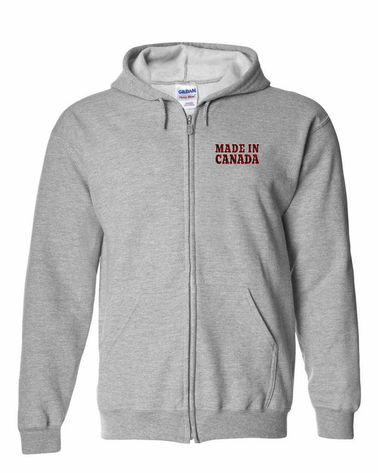 Made in Canada Plaid Background Left Chest and Back Zip Hoodie - Gildan Canada (sewn Internationally)