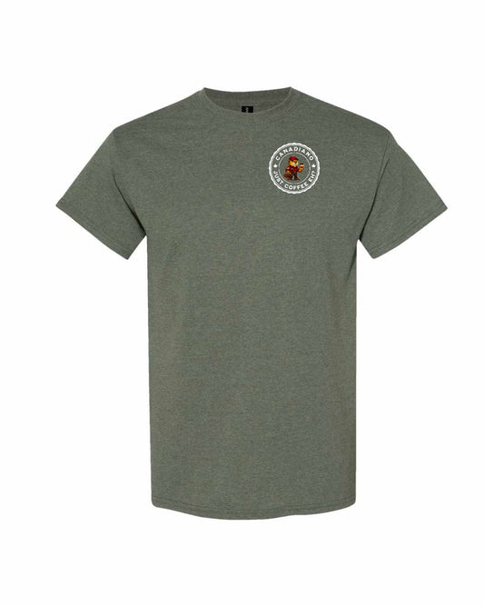 Canadiano Just Coffee Eh Male Beaver Left Chest & Back Men's Tee - Gildan Canada (sewn Internationally)